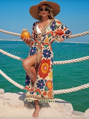 Colorful floral kimono swim cover up duster cardigan beach tassels boho gypsy